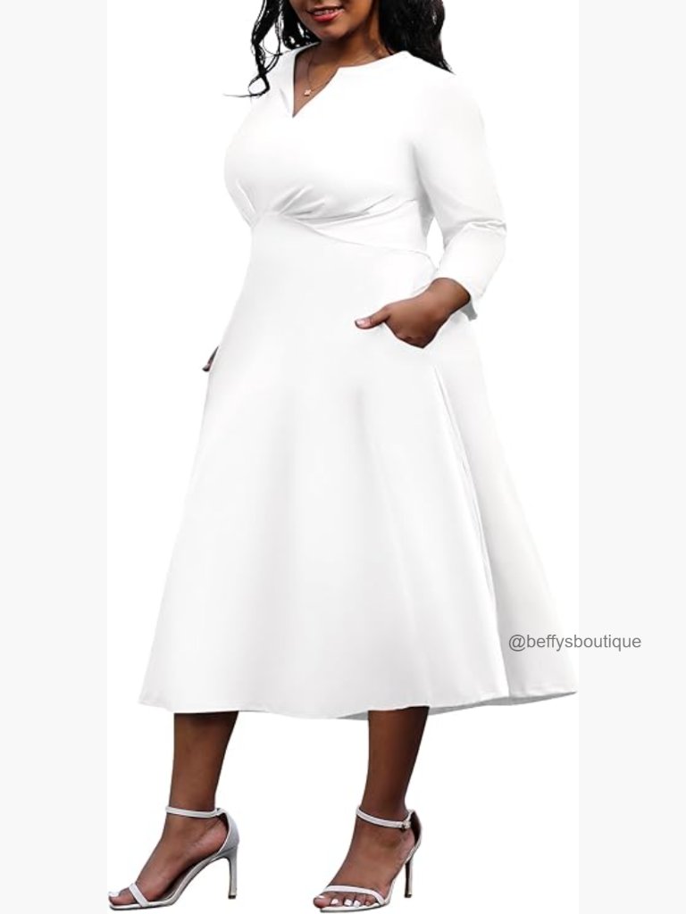 Plus Size Stretchy Flared Wrap Dress V Neck 3/4 Sleeve Midi A-Line Swing Dress